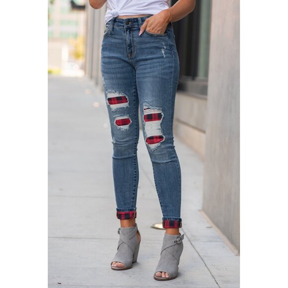 Judy Blue Red Buffalo Plaid Patch Distressed Skinny Jeans 26 - Picture 1 of 8